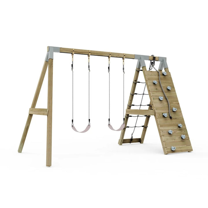 PolarPlay Premium Double Swing Set with Climbing Wall