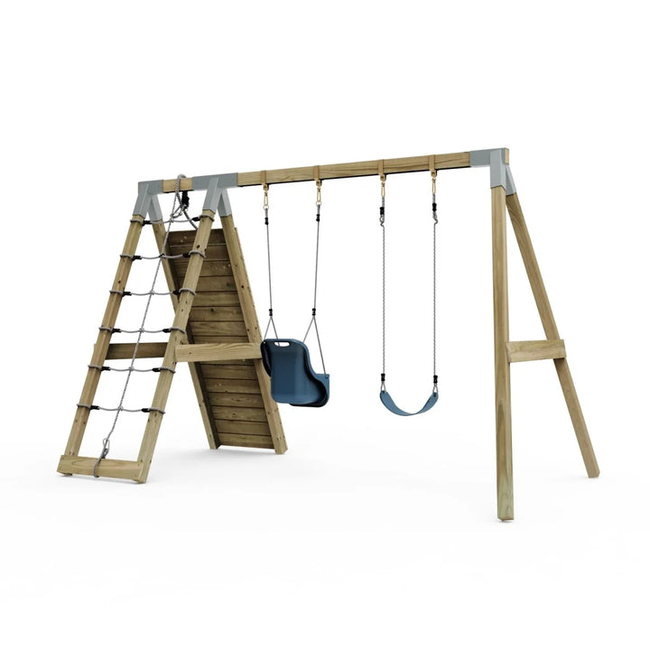 PolarPlay Premium Double Swing Set with Climbing Wall