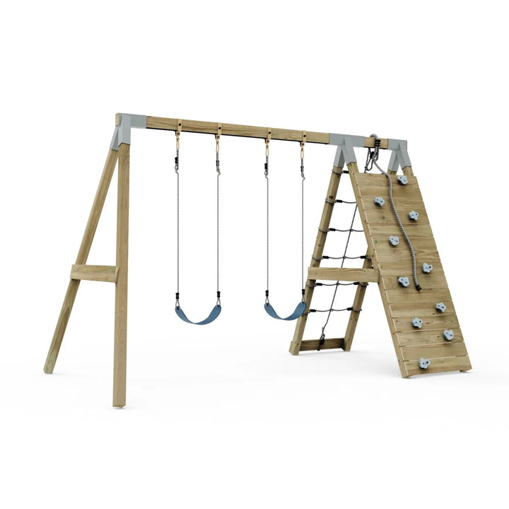 PolarPlay Premium Double Swing Set with Climbing Wall