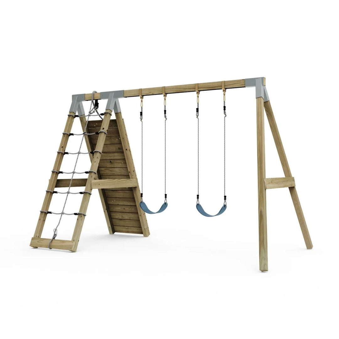PolarPlay Premium Double Swing Set with Climbing Wall