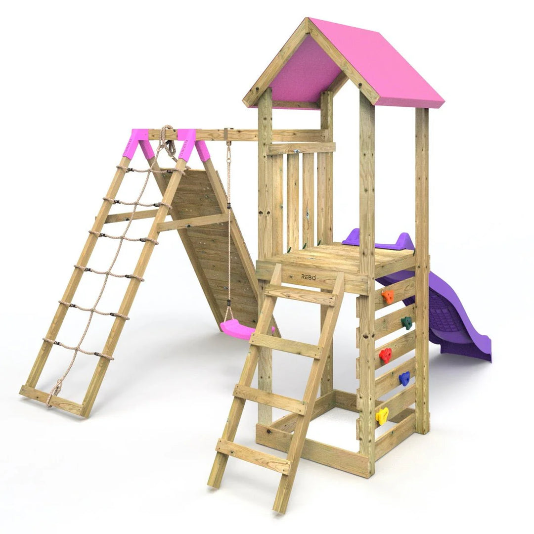 Rebo Climbing Frame Swing Set with Slide and Up and Over Climbing Wall - Bear