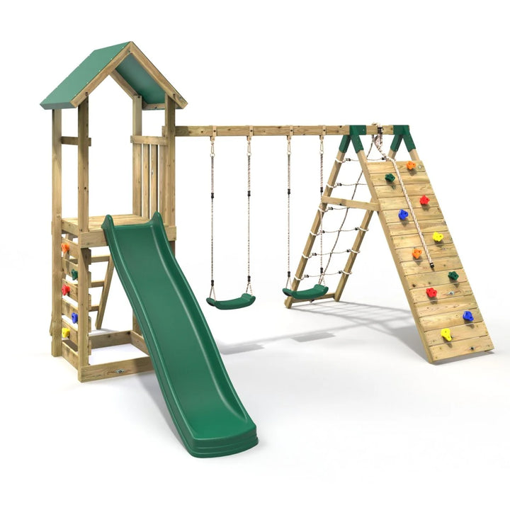 Rebo Challenge Climbing Frame Swing Set with Slide and Up and Over Climbing wall - Greenhorn