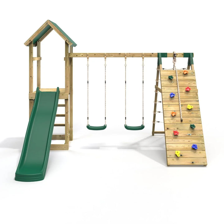 Rebo Challenge Climbing Frame Swing Set with Slide and Up and Over Climbing wall - Greenhorn