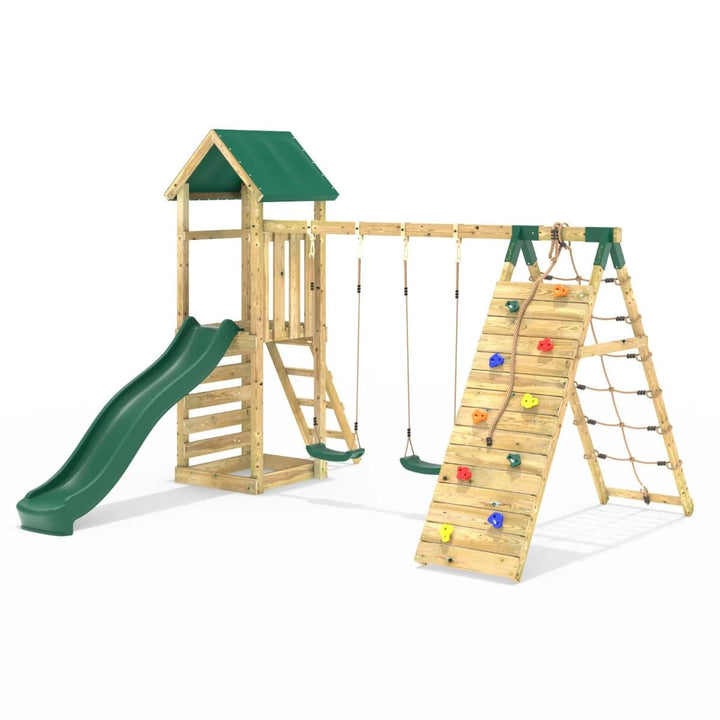 Rebo Challenge Climbing Frame Swing Set with Slide and Up and Over Climbing wall - Greenhorn