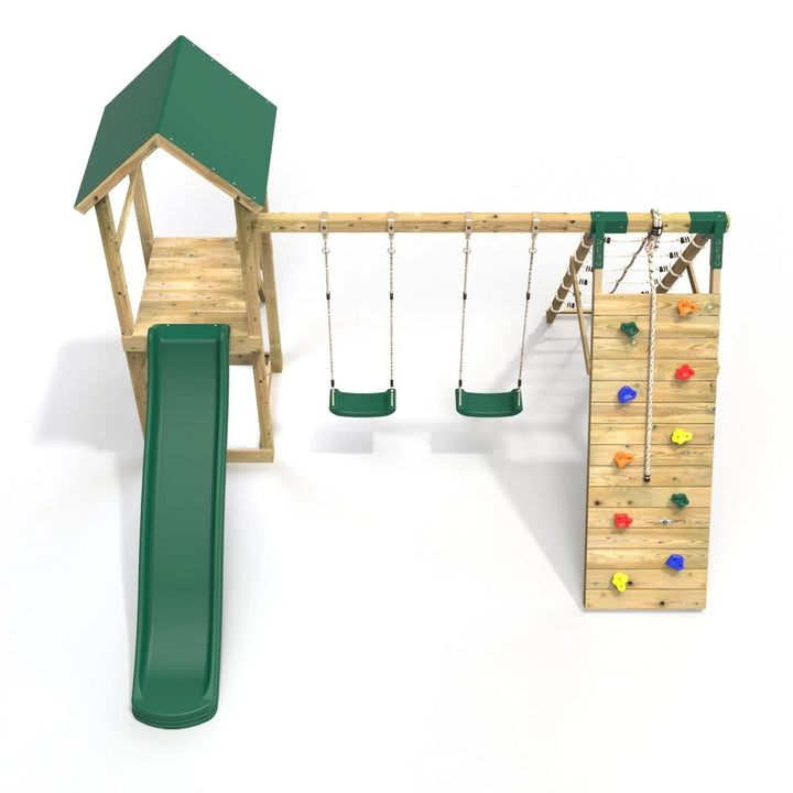Rebo Challenge Climbing Frame Swing Set with Slide and Up and Over Climbing wall - Greenhorn
