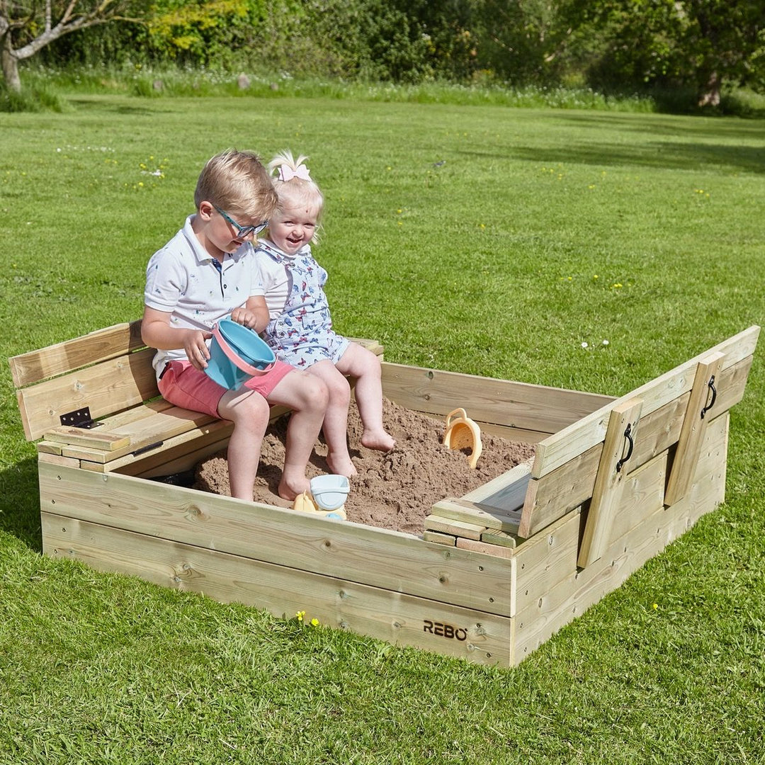 Rebo Sandpit with Folding Lid and Benches – 120cm x 120cm