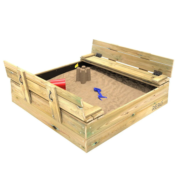 Rebo Sandpit with Folding Lid and Benches – 120cm x 120cm